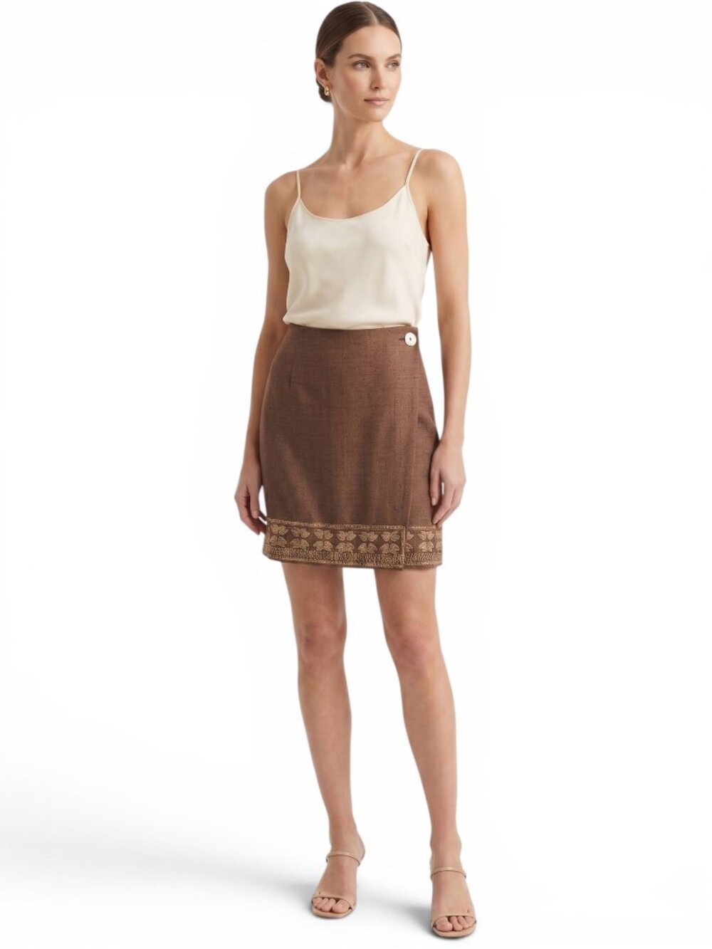 Krizia Italy Brown 100% Silk (Linen Look) Vintage Wrap Wood Bead Skirt New NWT 4